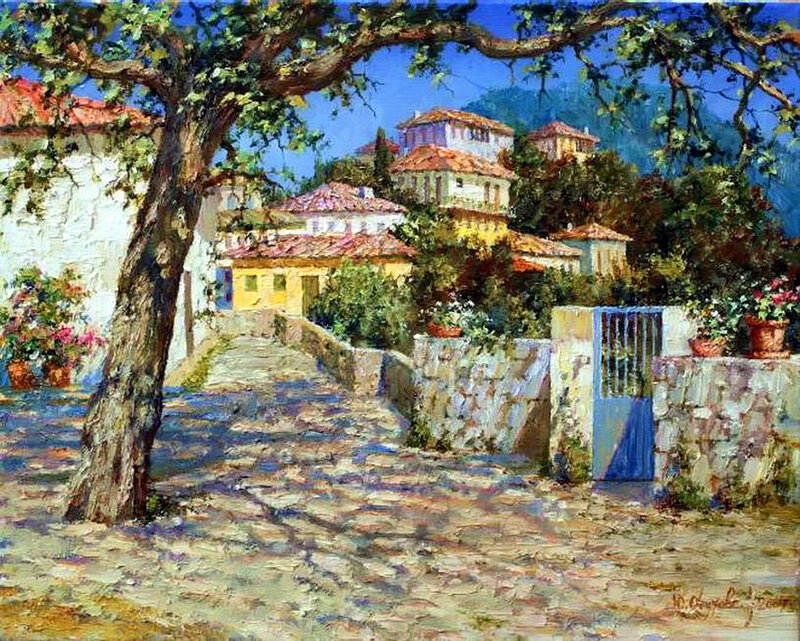 Village Street with Tree