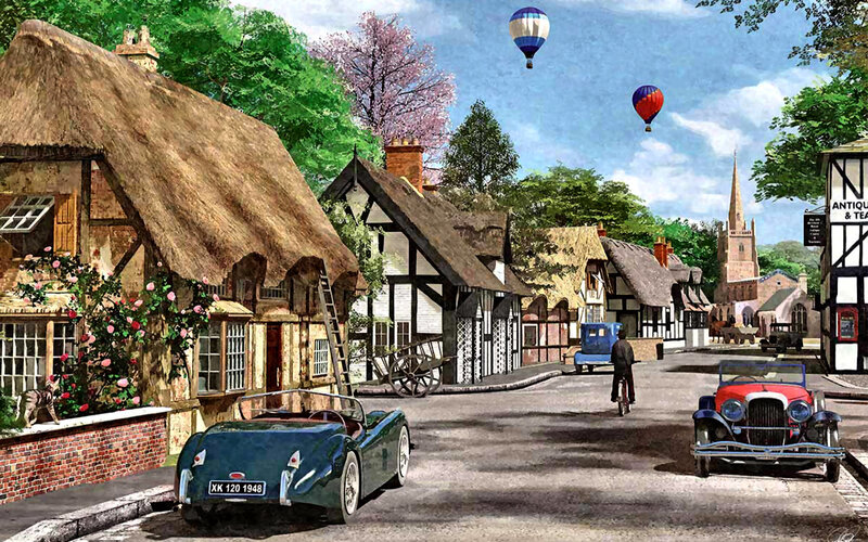 Village Street with Vintage Cars — Green