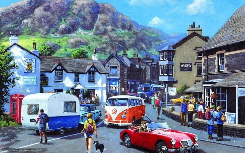 Village street with vintage cars