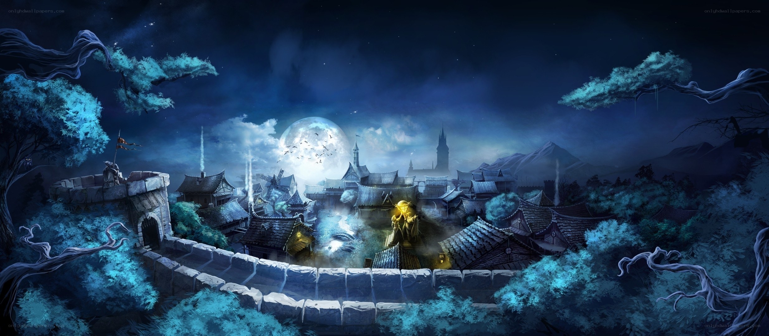 village under a full moon