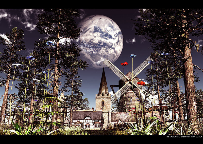 Village under a giant moon