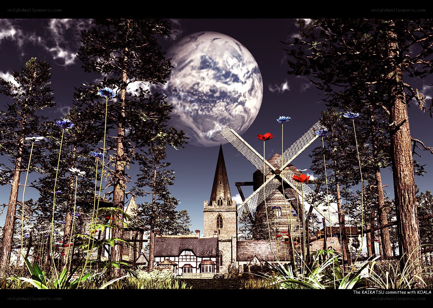 Village under a giant moon
