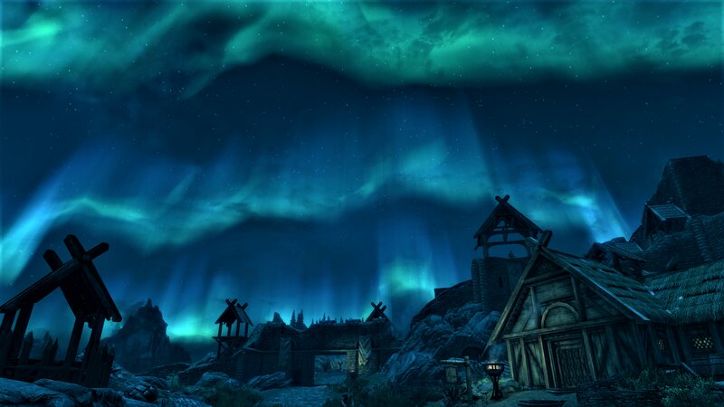 Village under Aurora — Blue, Dramatic