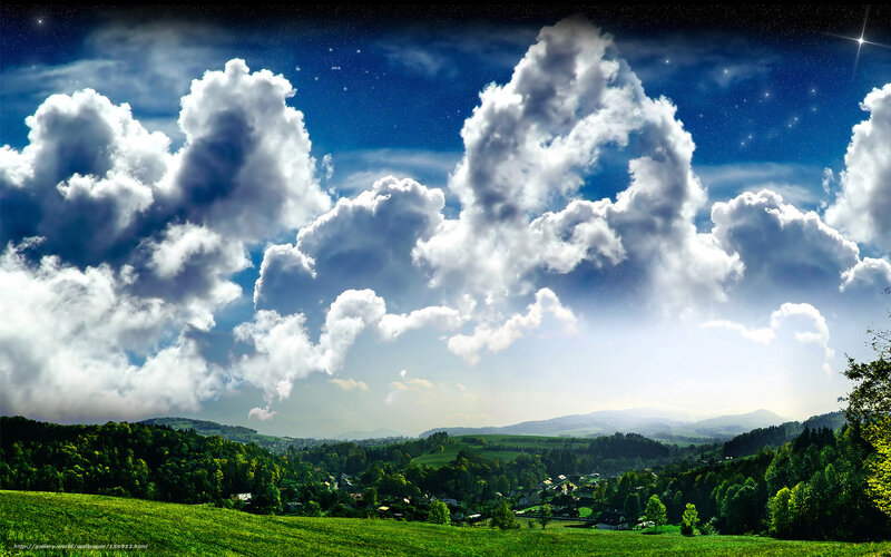 Village under Cloudy Sky — Green, Dramatic