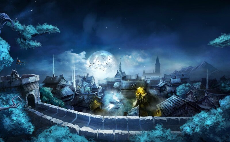 Village under Full Moon — Blue, Mysterious