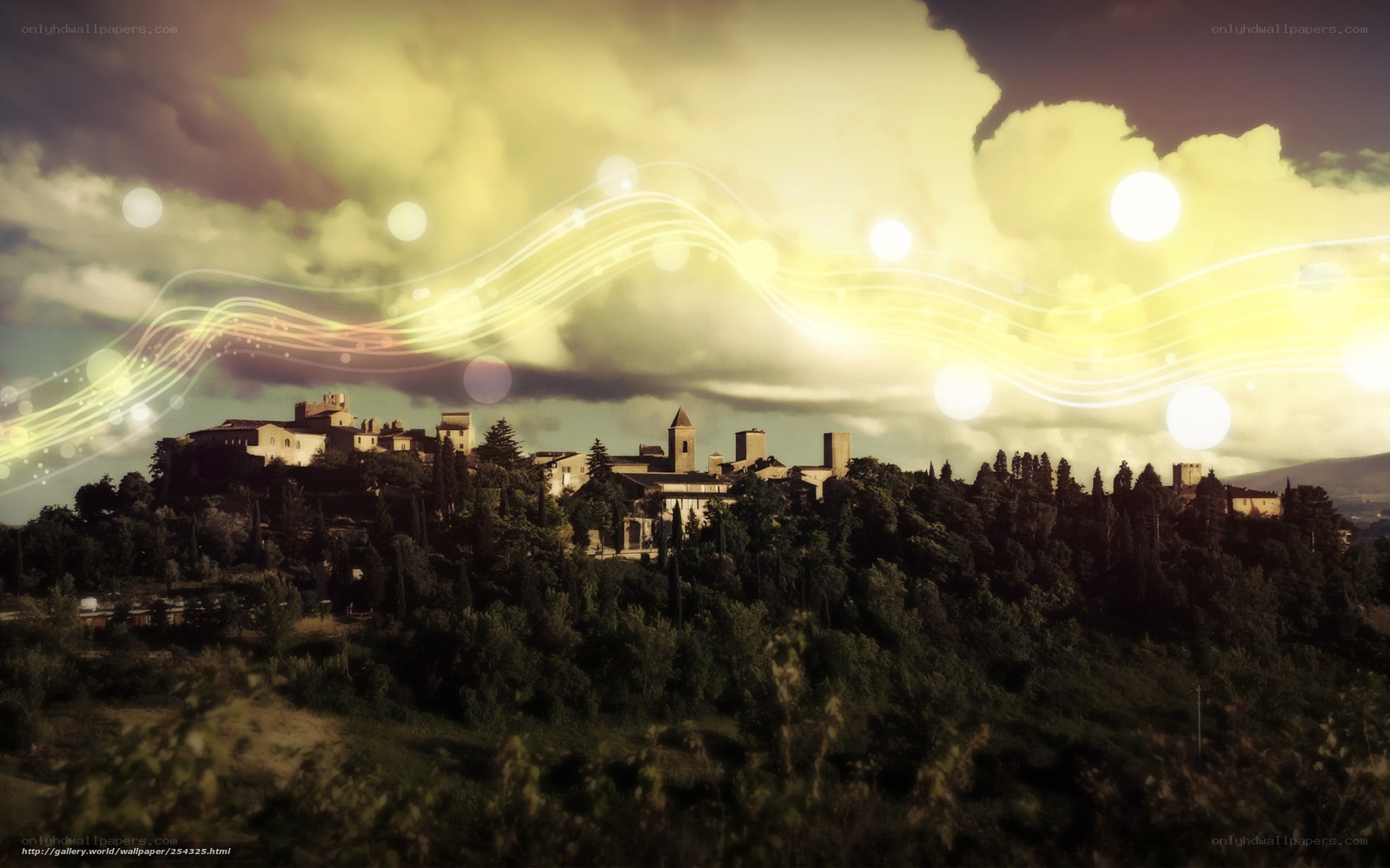 Village under glowing sky