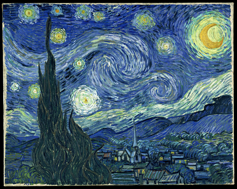 Village under Starry Sky — Blue, Dramatic, Night, Painting, Cypress Tree, Church Steeple