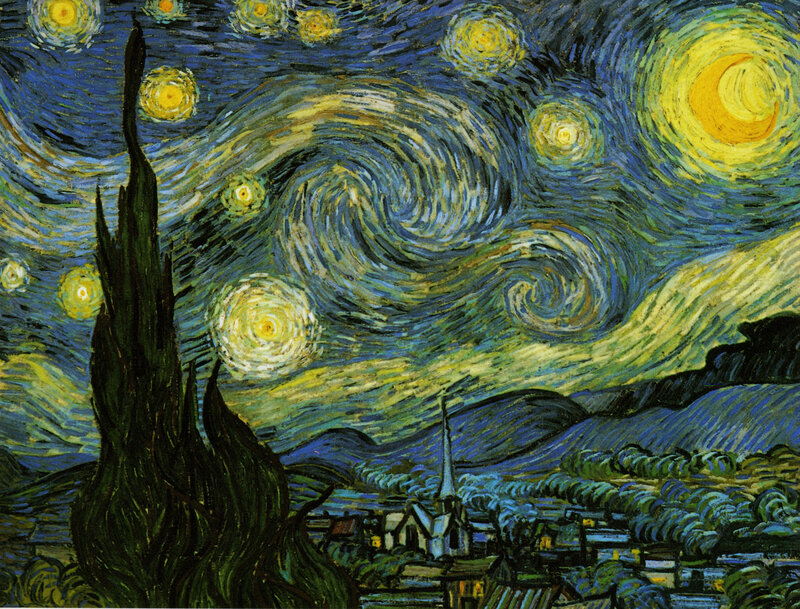 Village under Starry Sky — Blue, Dramatic, Night, Painting, Cypress Tree