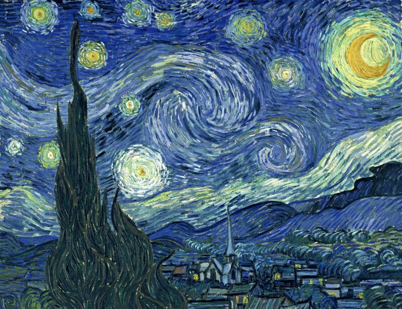 Village under Starry Sky — Blue, Dramatic, Night, Painting, Stars