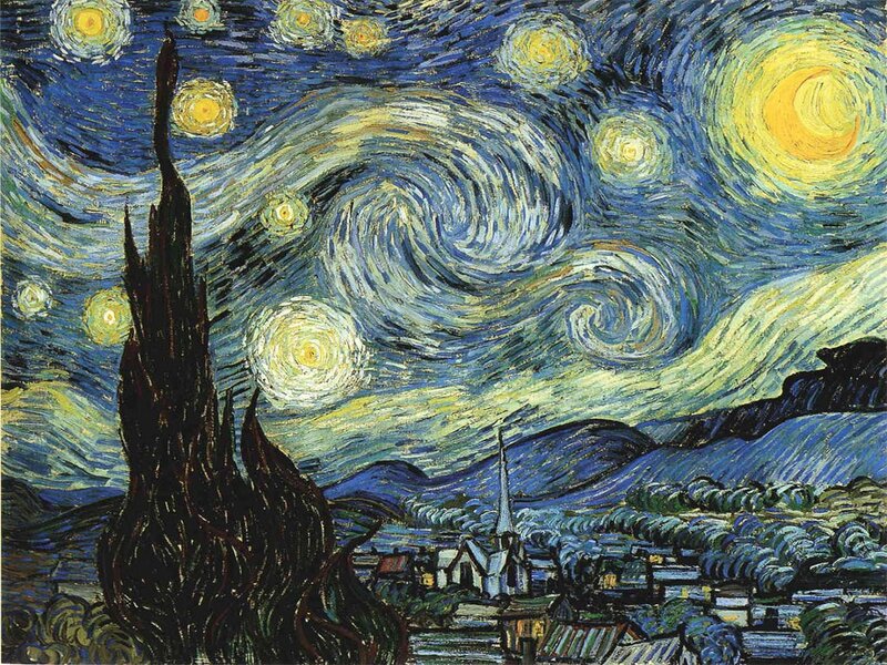 Village under Starry Sky — Blue, Dramatic, Night, Painting