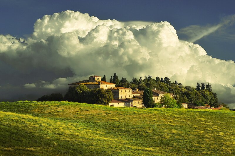 Village under storm clouds