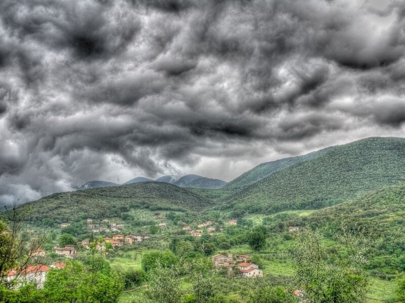 Village under stormy sky