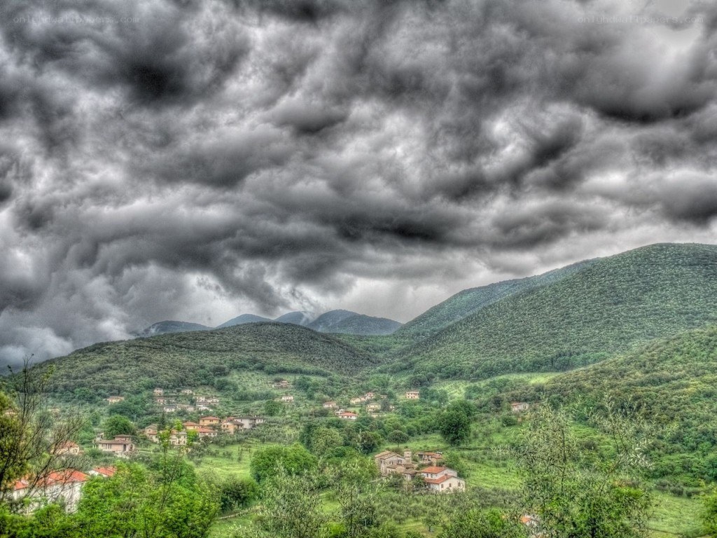 Village under stormy sky