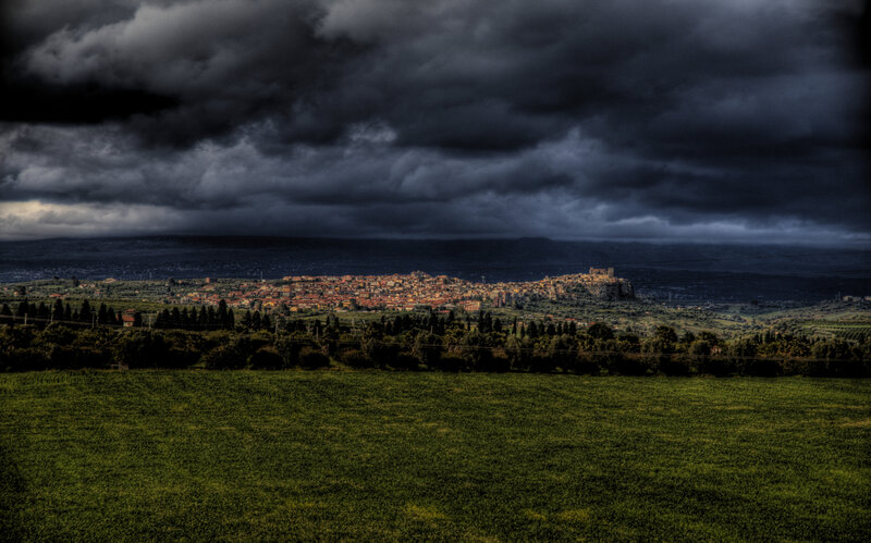 Village under stormy sky