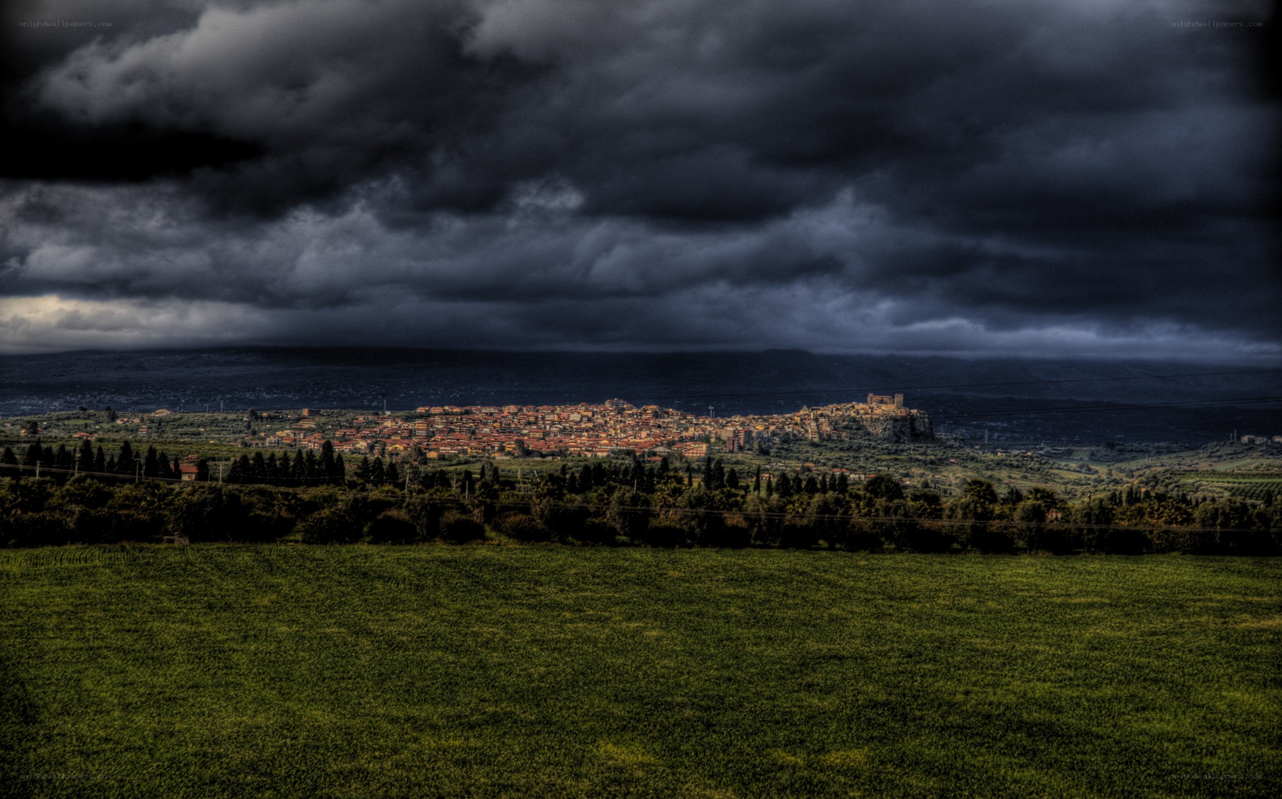 Village under stormy sky
