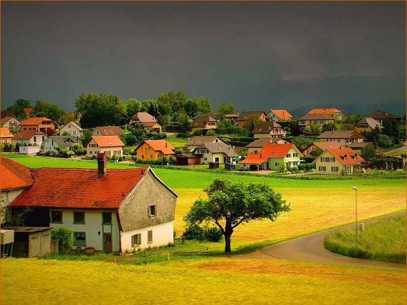 Village under stormy sky
