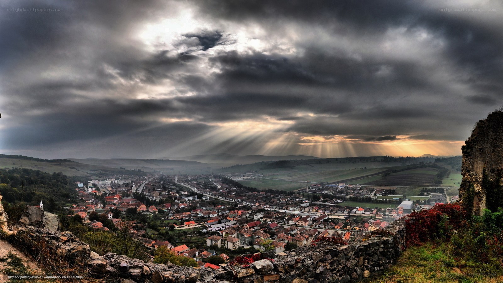 Village under stormy sky