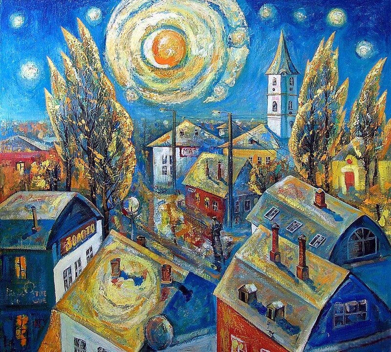 Village under Swirling Sky