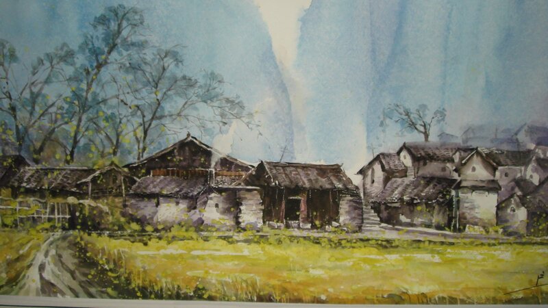 Village watercolor painting
