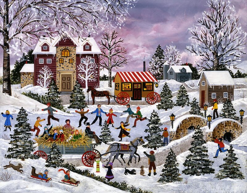 Village Winter Scene — White, Festive, Illustration