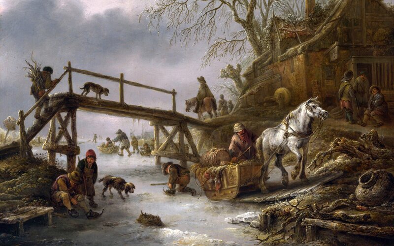 Village winter scene with bridge