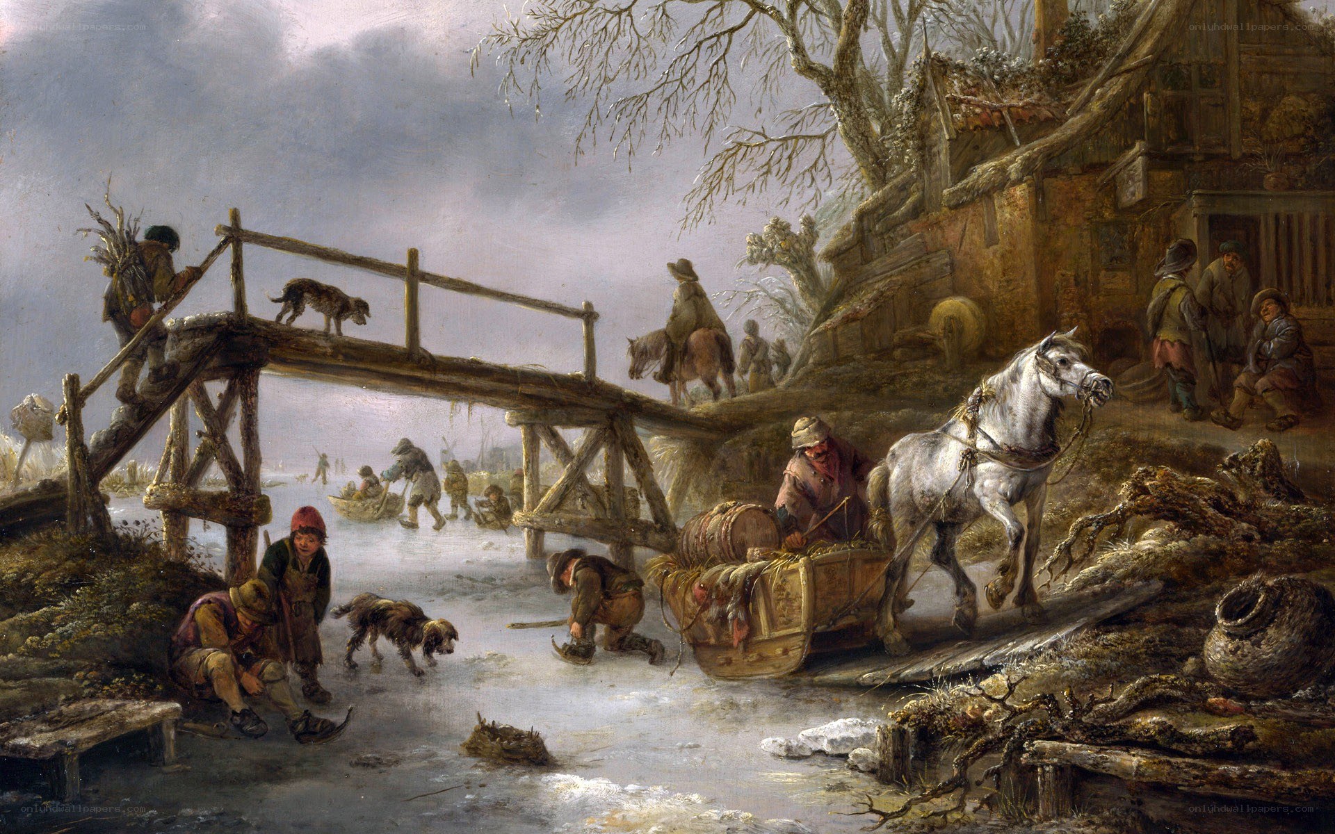 Village winter scene with bridge