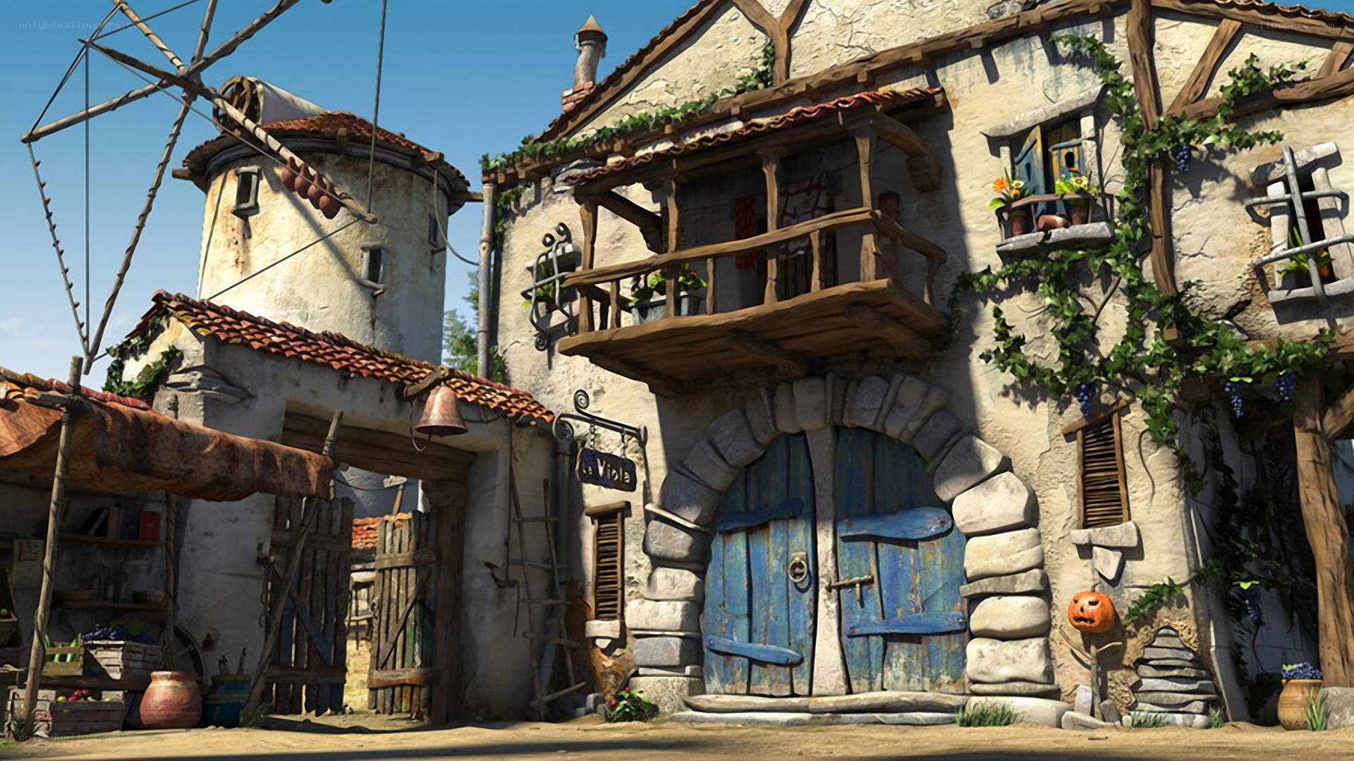 village with blue door