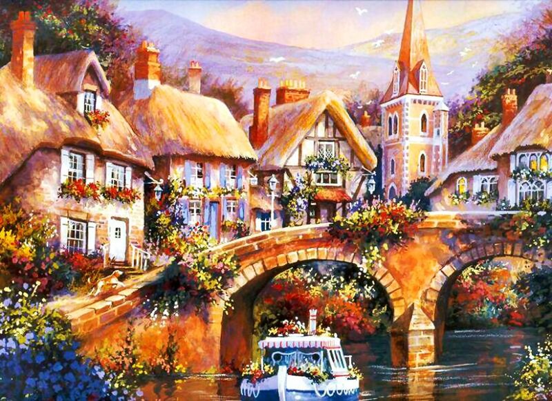 Village with Canal and Bridge