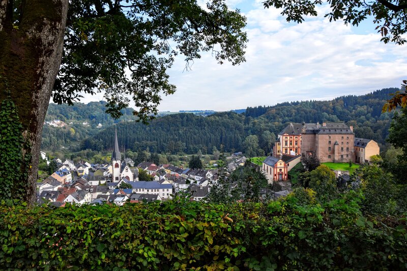Village with castle and church