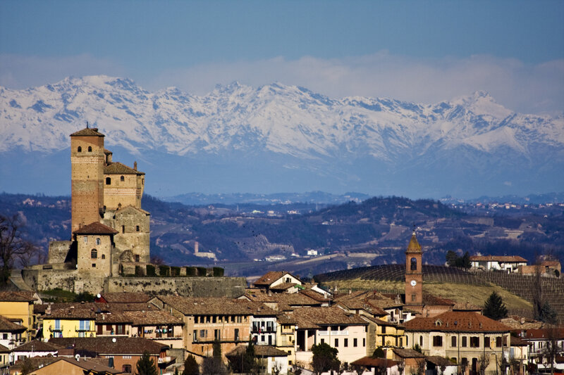 Village with castle and mountains