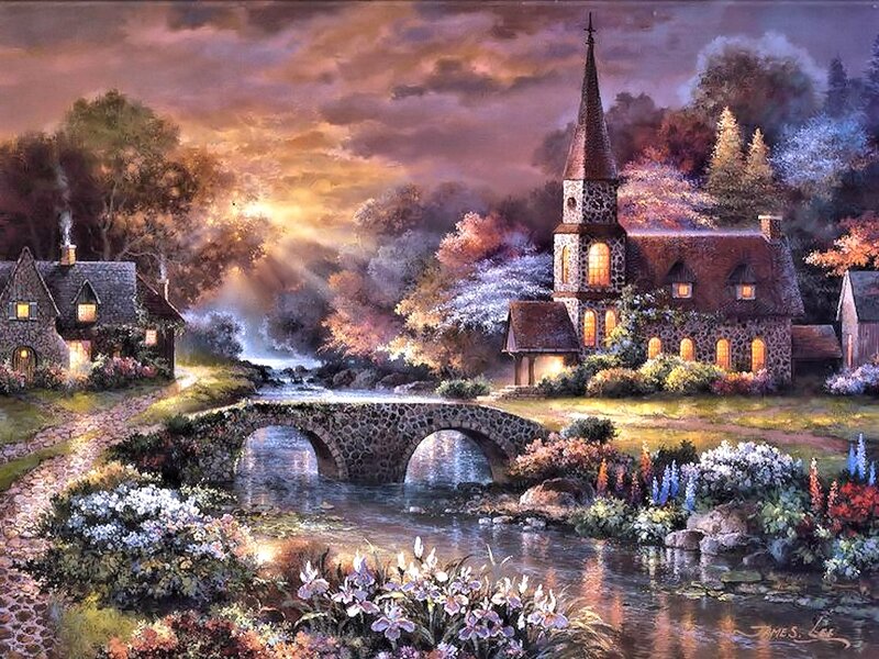 Village with Church and Bridge — Purple