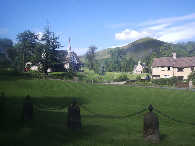 village with church and hills