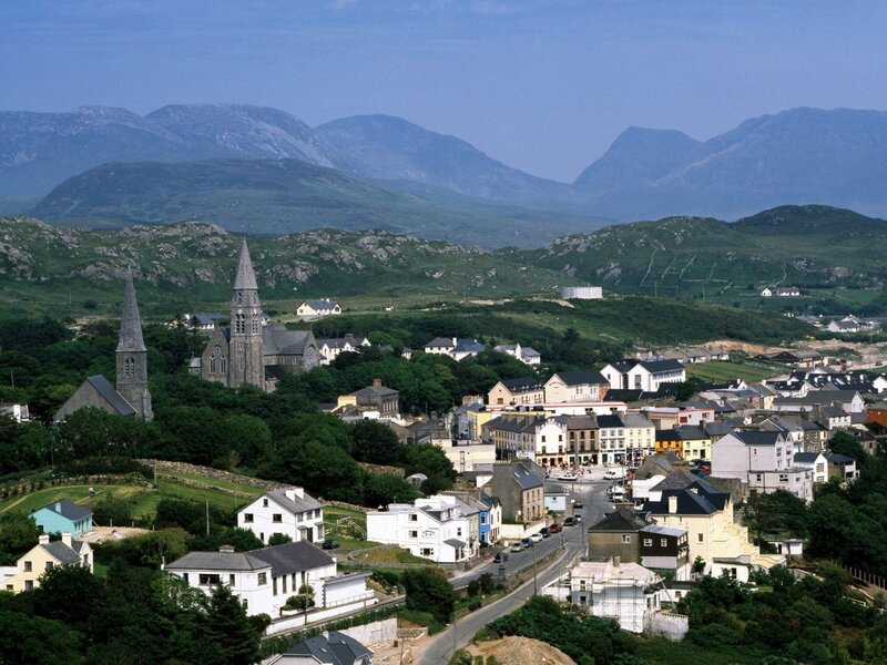 village with church and mountains