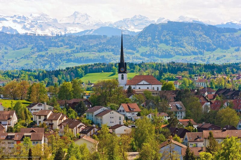 Village with church and mountains