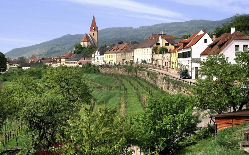 Village with Church and Vineyards — Green, Serene