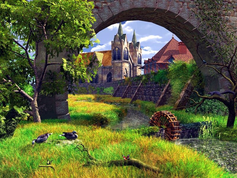 Village with Church and Waterwheel