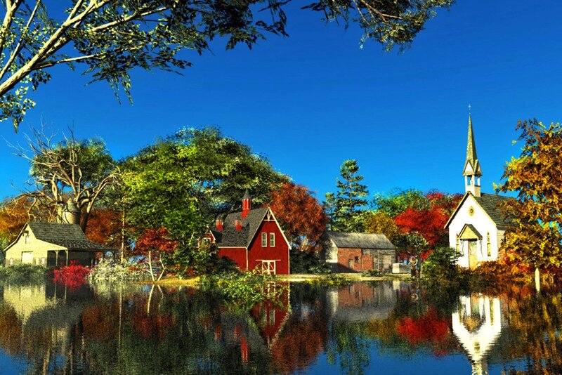 Village with Church — Blue, Serene