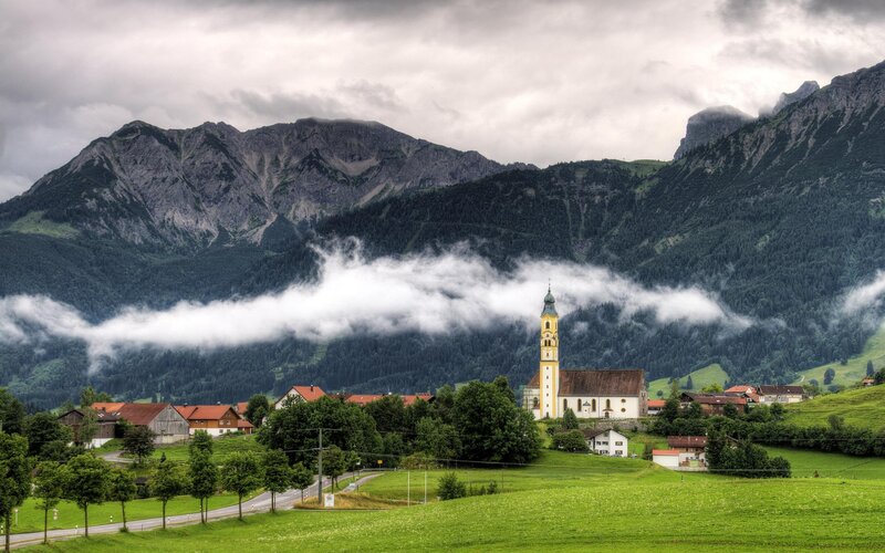 Village with Church — Green, Dramatic