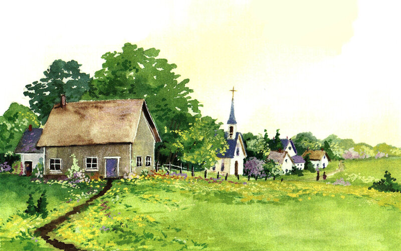 Village with Church — Green, Serene, Afternoon, Illustration