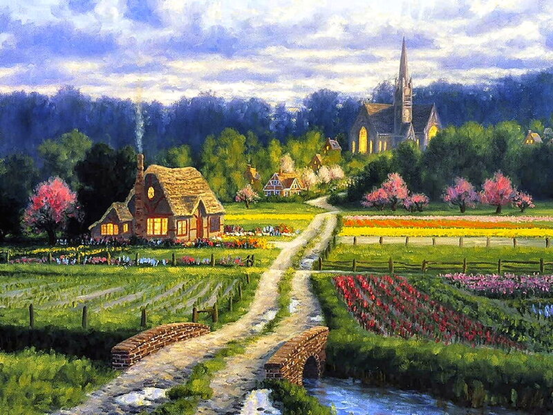 Village with Church — Green, Serene, Spring, Painting, House