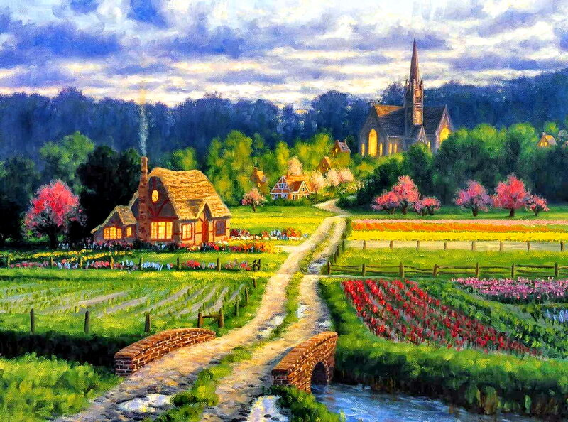 Village with Church — Green, Serene, Spring, Painting