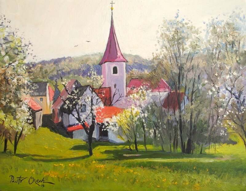 Village with Church — Green, Serene, Spring, Painting, Trees