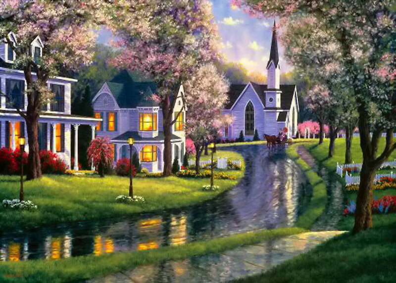 Village with Church — Green, Serene, Spring