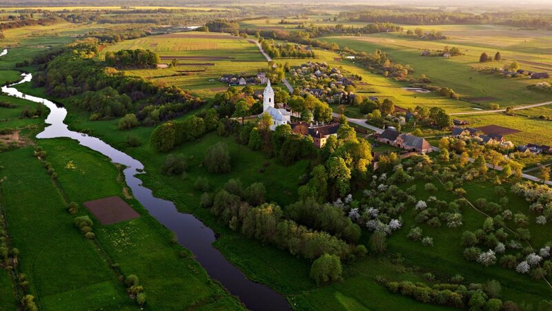 Village with Church — Green, Serene, Sunset