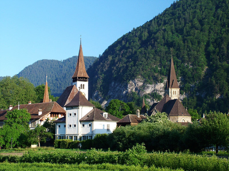 village with church in mountains
