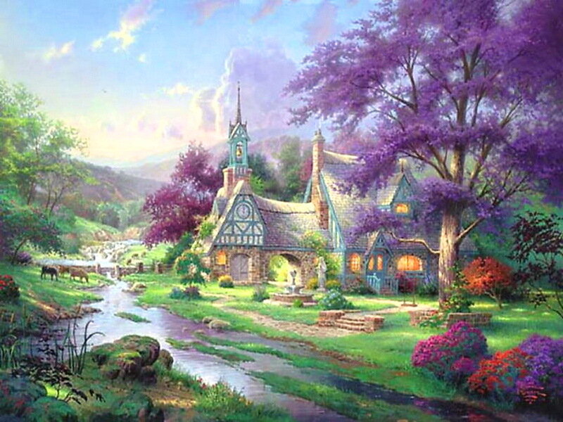 Village with Church — Purple, Serene