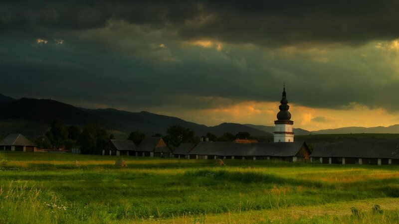 Village with Church Tower — Green, Dramatic