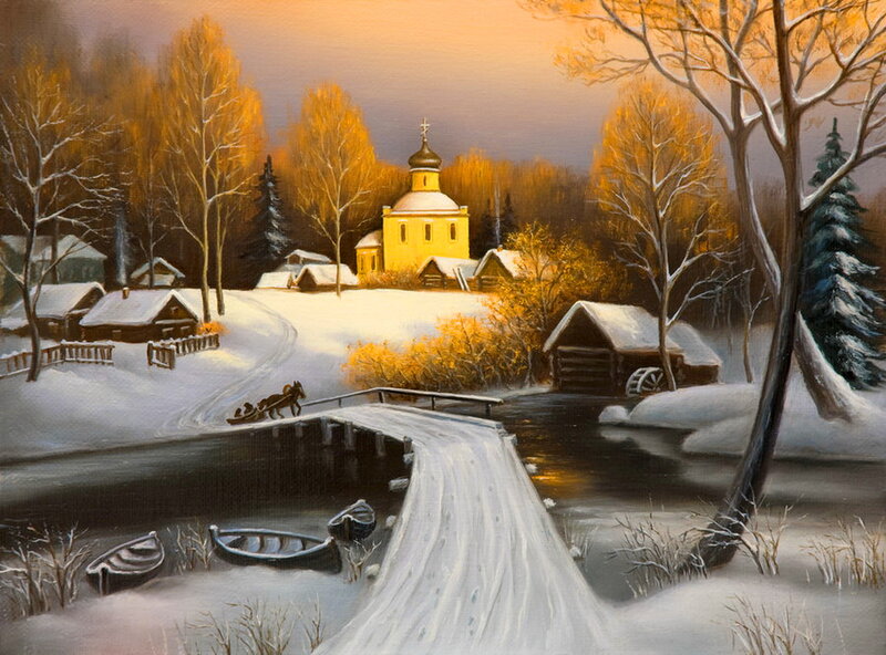 Village with Church — Yellow, Serene, Winter