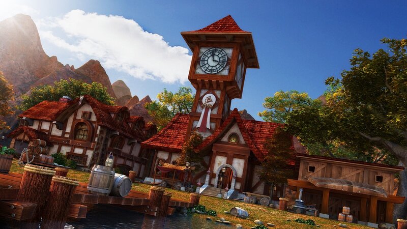 Village with Clock Tower — Brown, Peaceful