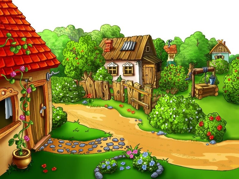 village with cottages and garden